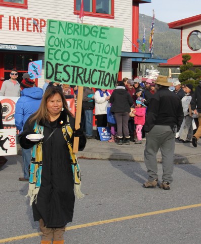 A stylish local teacher with her bowl of chowder and verdict on Enbridge. 